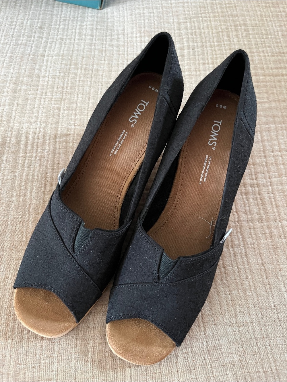 TOMS Black Peep-Toe Wedge Heels